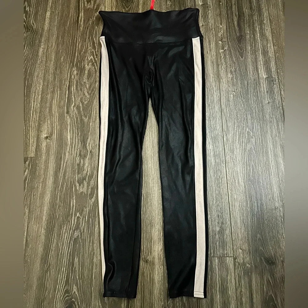 Spanx Black Faux Leather Leggings White Stripe Large